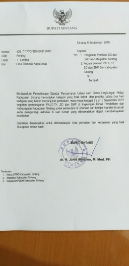 Surat Himbauan Liburan Sekolah Bupati Sintang