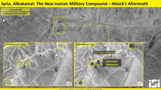 Salah satu komplek militer Iran di kawasan Albukamal sebelum dan sesudah dihancurkan Israel. Sumber gambar resmi dari twitter.com/ImageSatIntl