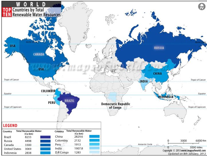 Peta peringat kepemilikan air di dunia (Sumber gambar : www.mapsofworld.com)
