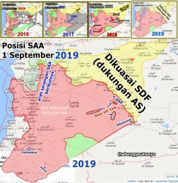 Kolase peta perang Suriah. Dokumen dan editing penulis yang diolah dari liveumap.com per 5 September 2019