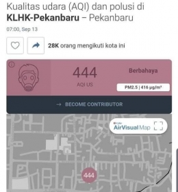 Tangkapan layar ponsel tentang kondisi udara dan polusi di Riau | dokpri