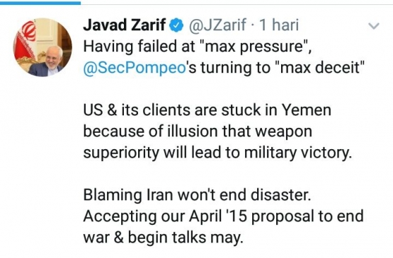 Cuitan Mentri Luar Negeri Iran Javad Zarif | twitter.com/JZarif