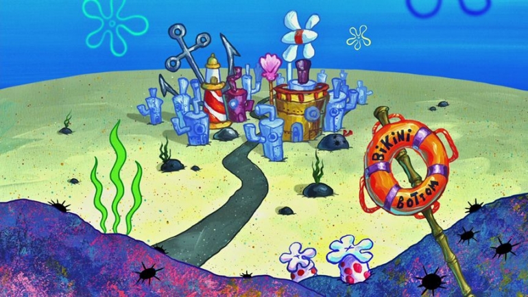 Ilustrasi kota Bikini Bottom dalam animasi Spongebob Squarepants. Gambar dari spongebob.fandom.com