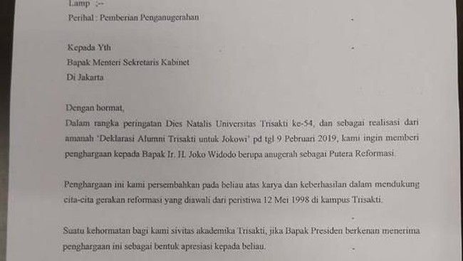Foto: Surat rencana pemberian gelar 'Putera Reformasi' kepada Jokowi. (ist)