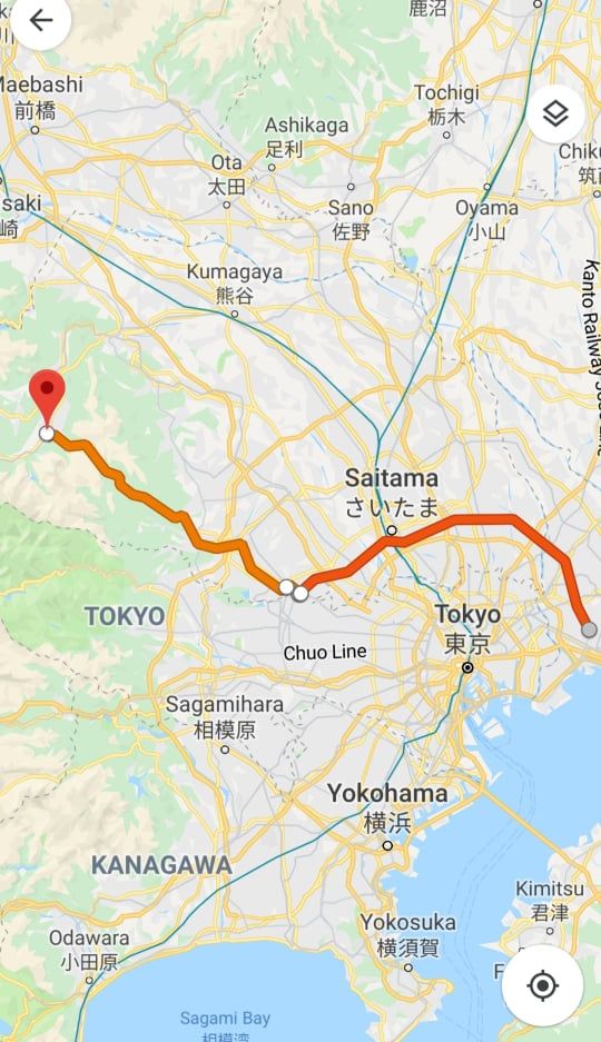 www,googlemap.com | Aku berangkat dari Funabashi Hiten, tempat tinggalku di Chiba, menuju Chichibu Saitama, dengan mengendarai kereta, berpindah beberapa kali. Dan ternyata, jalur ke Chichibu tidak di cover oleh JR Pass, karena lewat jalur atau line yang berbeda.