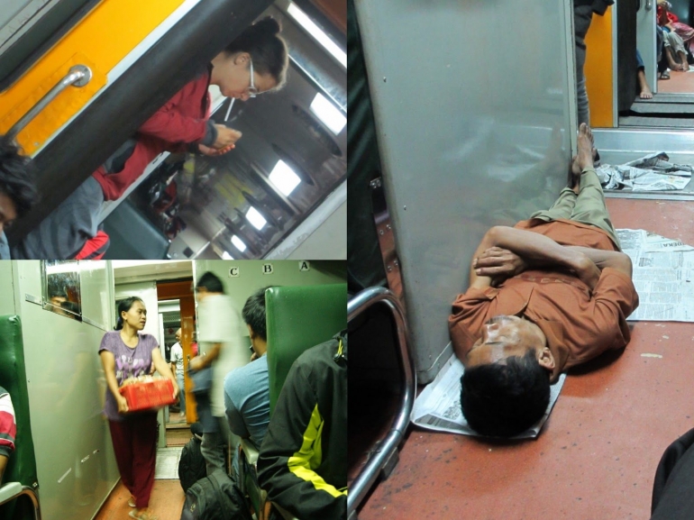 Kereta api Indonesia dahulu: penumpang merokok dan tidur di lantai serta pedagang asongan (dok. pri).