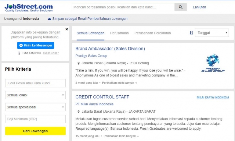 Mencari lowongan pekerajan di Jobstreet | sumber: jobstreet.co.id