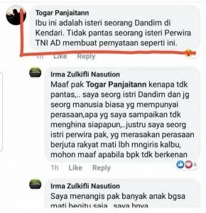 Tangkapan layar komentar dan jawaban istri Dandim Kendari di medsos terkait insiden penusukan Wiranto (inilahsultra.com).