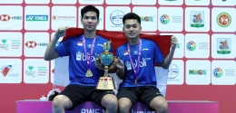 Ganda putra Indonesia, Daniel Marthin (kiri) dan Leo Carnando, jadi juara di BWF World Junior Championship di Rusia. Di final Minggu tadi malam, mereka mengalahkan juara bertahan asal Tiongkok/Foto: badmintonindonesia.org.