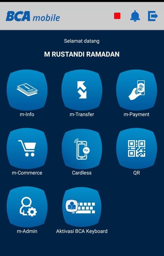 Menu Utama m-BCA pada Aplikasi BCA Mobile