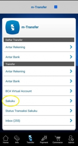 Pilihan Menu Sakuku pada Menu m-Transfer BCA Mobile