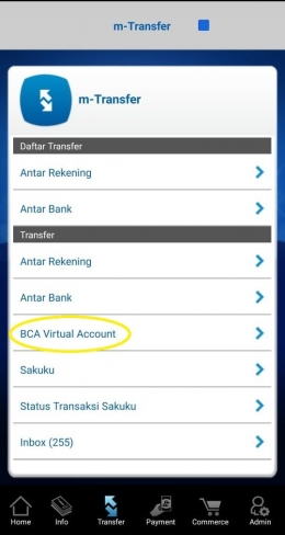 Tampilan Menu m-Transfer pada BCA Mobile dan Pilihan Menu BCA Virtual Account