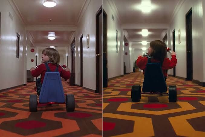 Gambar di kanan menunjukkan reka ulang adegan legendaris The Shining yang nyaris sempurna (screencrush.com)