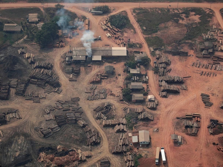 Pemandangan dari atas kamp penebang liar dengan tumpukan kayu di Negara Bagian Amazonas, Brasil, 22 Agustus. (Reuters)