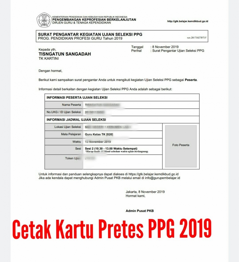 Kartu Peserta Pretes PPG 2019 (screnshoot https://gtk.belajar.kemdikbud.go.id)