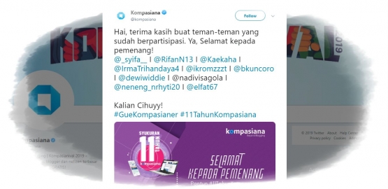 Nggak sia-sia merangkai pantun buatan sendiri, sampai akun Twitter-ku disebut jadi pemenang.