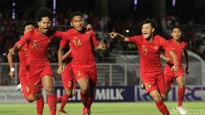 Selebrasi gol Fajar Fathur Rachman, saat melawan Timor Leste U-19 pada laga perdana Kualifikasi Piala Asia U-19 2020 di Stadion Madya, Jakarta, Rabu 6/11/2019 (Foto: Rifkianto Nugroho/detikcom). 