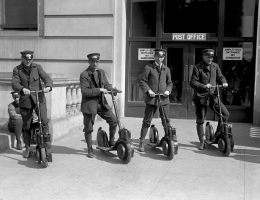 1915. Four special delivery postmen for the US Postal Service try out new scooters. IMAGE: UNDERWOOD ARCHIVES/GETTY IMAGES