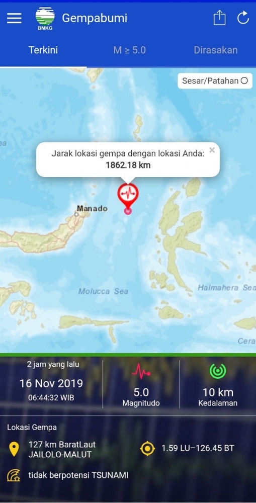 Ketika membuka menu kejadian gempa di Maluku Utara yang jaraknya ribuan km dari posisi saya. Ini fitur yang paling penting (dokpri)