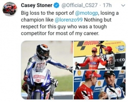 Twit Casey Stoner berisi apresiasi terhadap Lorenzo  | Foto twitter Casey Stoner