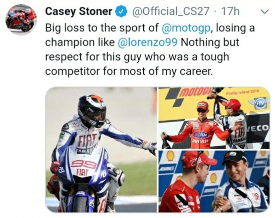 Twit Casey Stoner berisi apresiasi terhadap Lorenzo | Foto twitter Casey Stoner