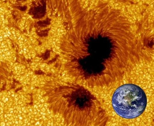 Perbandingan ukuran bintik Matahari dan Bumi. Sumber: www.windows2universe.org
