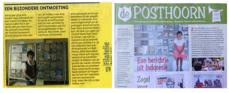 Dokumentasi pribadi Aku dalam 2 majalah filateli Belanda, tahun 2013 dan tahun 2015, karya dari filatelis senior dan juri internasional Belanda, Arie Zonje