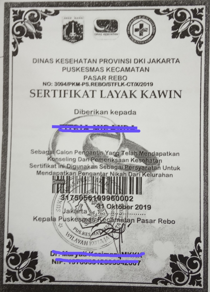 Contoh sertifikat layak kawin calon mempelai yang dikeluarkan oleh Puskesmas/arsip pribadi