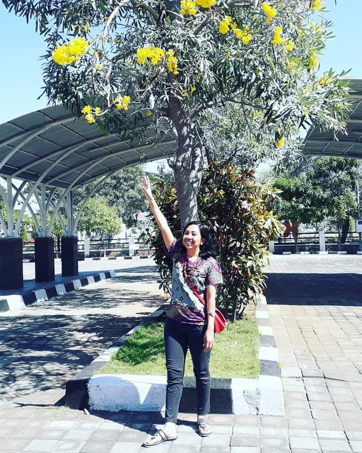 Foto penulis artikel bersama bunga tabebuya kuning. Lokasi Terminal Kedung Cowek Surabaya. Dokumen pribadi