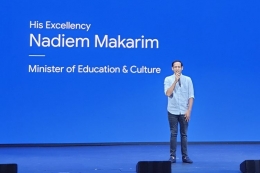 Mendikbud Nadiem Makarim saat berbicara dalam acara Google for Indonesia di Jakarta, Rabu (20/11/2019).(KOMPAS.com/ WAHYUNANDA KUSUMA PERTIWI)