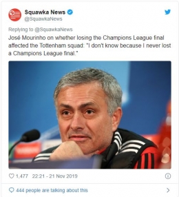 Haha, ada-ada saja ya komentar Mourinho (tangkapan layar twitter @SquawkaNews)