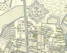 Benteng Prins Hendrik,lokasinya kini di kawasan timur Jembatan Petekan. Foto: Asia Maior, Peta Surabaya 1866