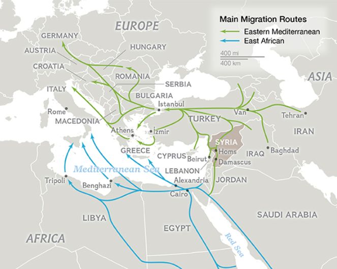 Rute imigrasi penduduk Timur Tengah dan Afrika. Sumber: National Geographic