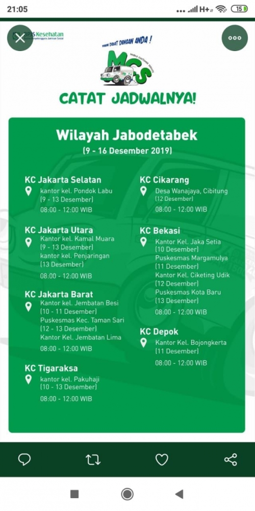 Deskripsi : Jadwal MCS di Jabodetabek yang disiarkan melalui sosial media I Sumber Foto : BPJS Kesehatan