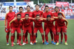 Starting eleven skuad Garuda Muda pada laga semifinal SEA Games 2019 antara timnas U23 Indonesia vs Myanmar di Stadion Rizal Memorial, Filipina, Sabtu 7 Desember 2019.(KOMPAS.COM/GARRY LOTULUNG)