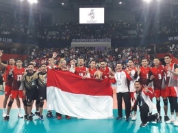 Selebrasi juara tim voli putra di Sea Games 2019, Filipina. (Okezone.com)