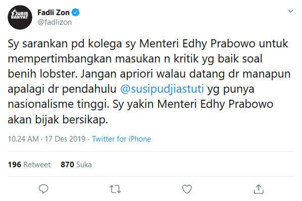 tangkapan layar dari cuitan FadliZon