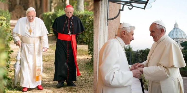 Kiri: Foto Paus Benediktus XVI dan Kardinal Bergoglio (bakal Paus Fransiskus) di film The Two Popes. Kanan, foto keduanya dalam dunia nyata. Foto: ESQUIRE, dari Netflix dan Istimewa