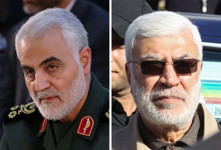 Major General Qasem Soleimani (kiri) dan pimpinam milisi Abu Mahdi al-Muhandis yang terbunuh atas perintah langsung Trump. Photo: AFP