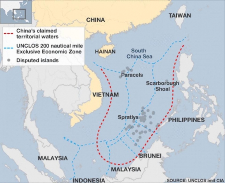 Peta Laut Cina Selatan yang memperlihatkan klaim Cina atas wilayah tersebut yang bersinggungan dengan negara-negara ASEAN (forbes.com).