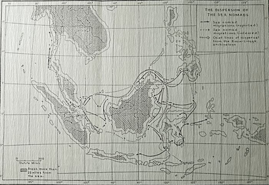 Ilustrasi: Peta pergerakan Orang Laut dalam The Sea Nomads 1800-1950, David E. Sopher, Plate II)