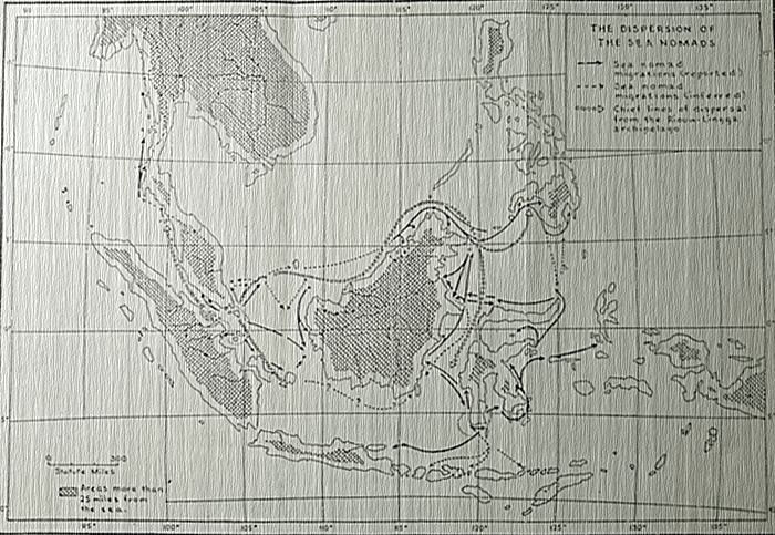 Ilustrasi: Peta pergerakan Orang Laut dalam The Sea Nomads 1800-1950, David E. Sopher, Plate II)