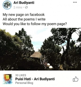 Facebook page Puisi Hati Ari Budiyanti. Dokumen pribadi