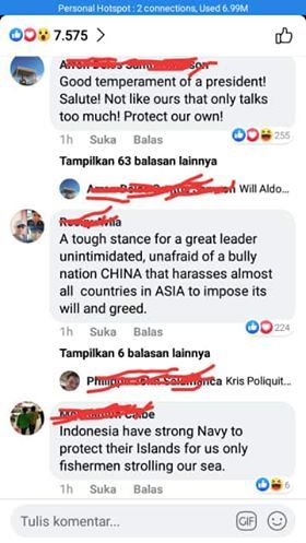 Beberapa komentar Netizens Filipina tentang Berita Kunjungan Presiden Jokowi ke Natuna. Sumber foto Dokpri hasil Screenshot
