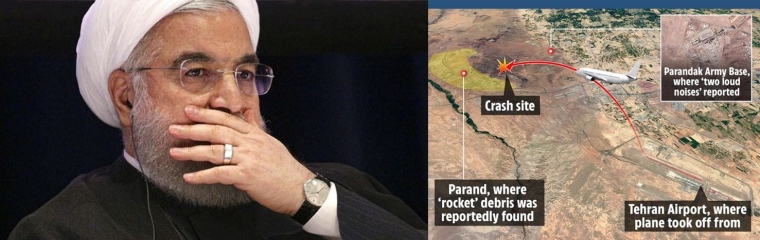 Gambar ilustrasi : Presiden Iran Hasan Rouhani dan Lokasi jatuhnya pesawat Ukraina. Sumber gambar : Kiri: (Kena Betancur / AFP) dan Kanan : dailystarpost.com. Digabung oleh penulis