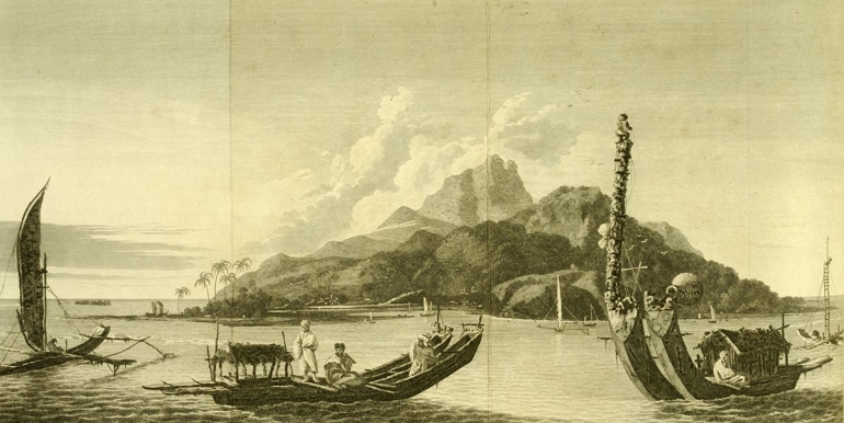 Ilustrasi dalam buku catatan pelayaran kedua James Cook ke Pasifik. (sumber: lib-dbserver.princeton.edu)