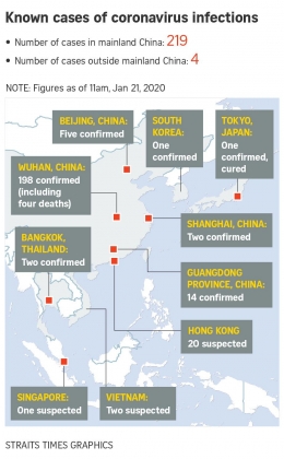 Infografis serangan virus corona hingga 21/1/2020 (straitstimes.com).