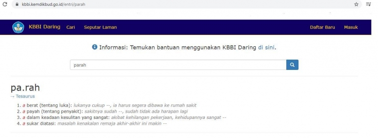 Makna parah berdasarkan KBBI | Foto: Tangkap layar KBBI daring