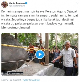 Cuitan Ganjar Pranowo di akun twitternya tentang adanya potensi wisata di bekas keraton agung sejagat. (sumber: twitter.com/ganjarpranowo)