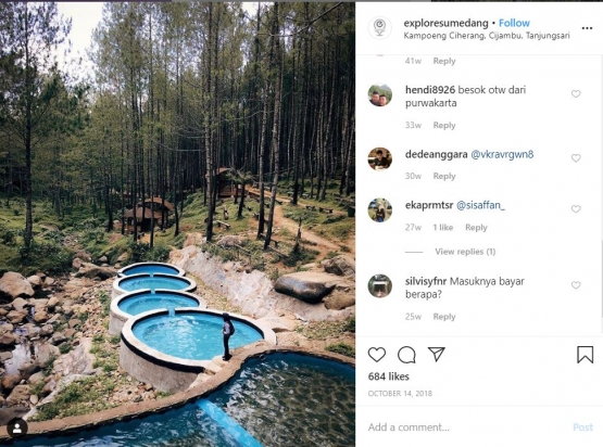 Deskripsi : Kolam membulat di Wisata Kampoeng Ciherang yang sedang hits di Instagram I Sumber Foto : IG @exploresumedang